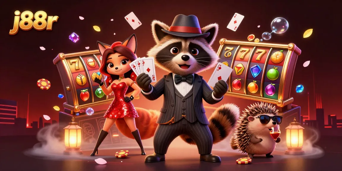 Win big at j88r with the suave raccoon and his charming companions amidst vibrant casino excitement