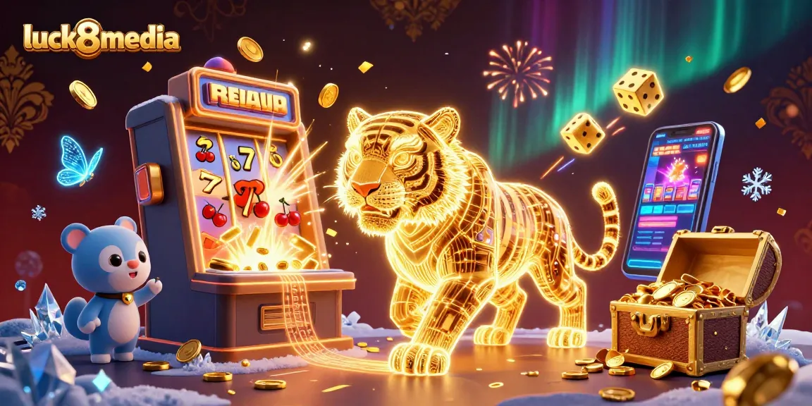 Engage with luck8media's thrilling casino atmosphere featuring a neon tiger amidst dynamic gaming elements.