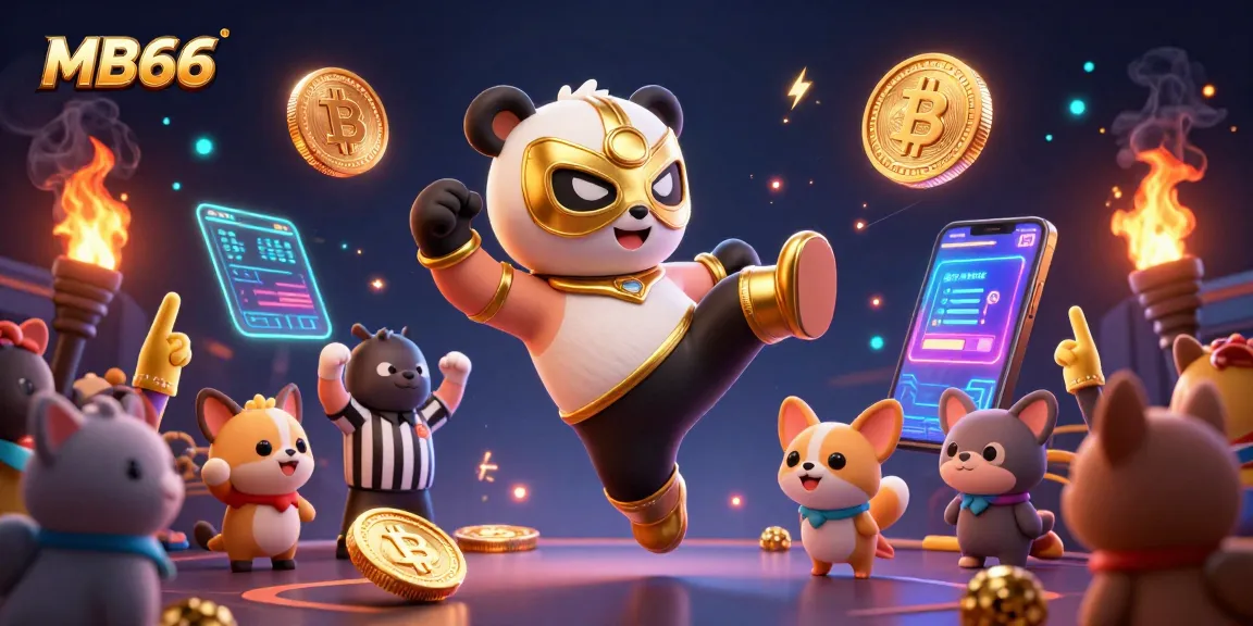 Experience the thrill of MB66 gaming as the panda wrestler kicks, surrounded by crypto coins and cheering crowd.