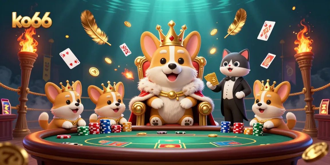 Experience thrilling gameplay with ko66's 3D cartoon royal corgi in a vibrant casino scene
