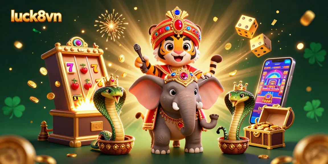Experience excitement and big wins at luck8vn's colorful casino scene with vibrant slot machines and game elements.