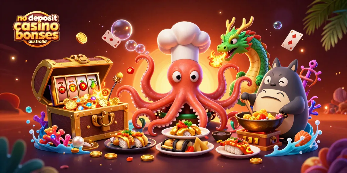 No deposit casino bonuses Australia featured in a vibrant 3D cartoon scene with a sushi chef octopus, a dragon, and a tanuki.