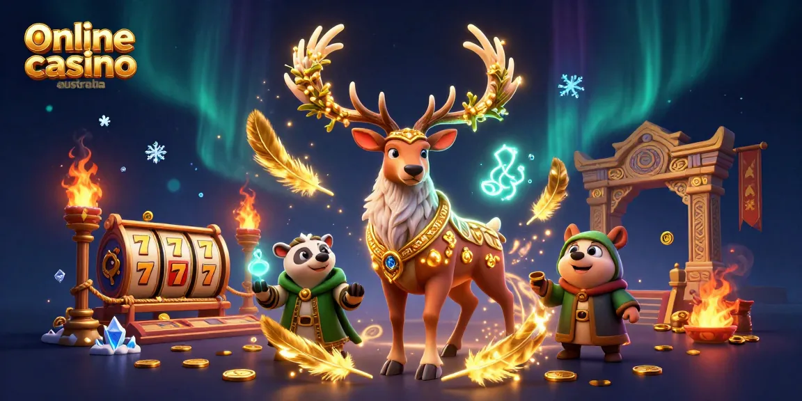 Experience online casino Australia with a dynamic 3D scene featuring a Celtic stag, wise badger, and slot elements.