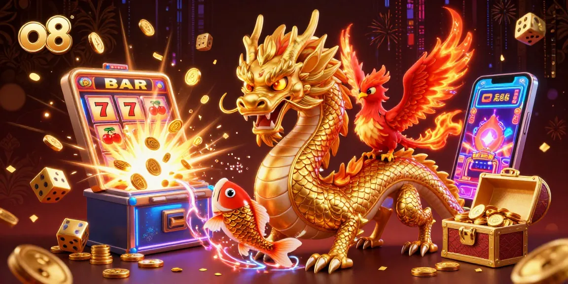 Spin the reels and win big with o8 in this vibrant 3D illustration featuring a dragon, phoenix, and koi fish.