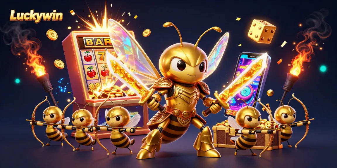 Luckywin's enchanting 3D scene with a golden hornet samurai and vibrant casino elements