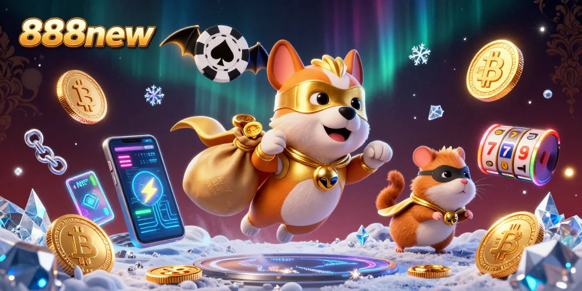 Join the fun at 888new with a superhero dog and hamster flying through a vibrant casino scene.