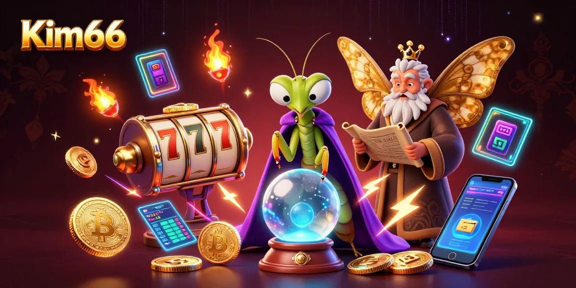 Kim66 features a lively cartoon scene with fortune teller and library elements, capturing online gambling excitement.
