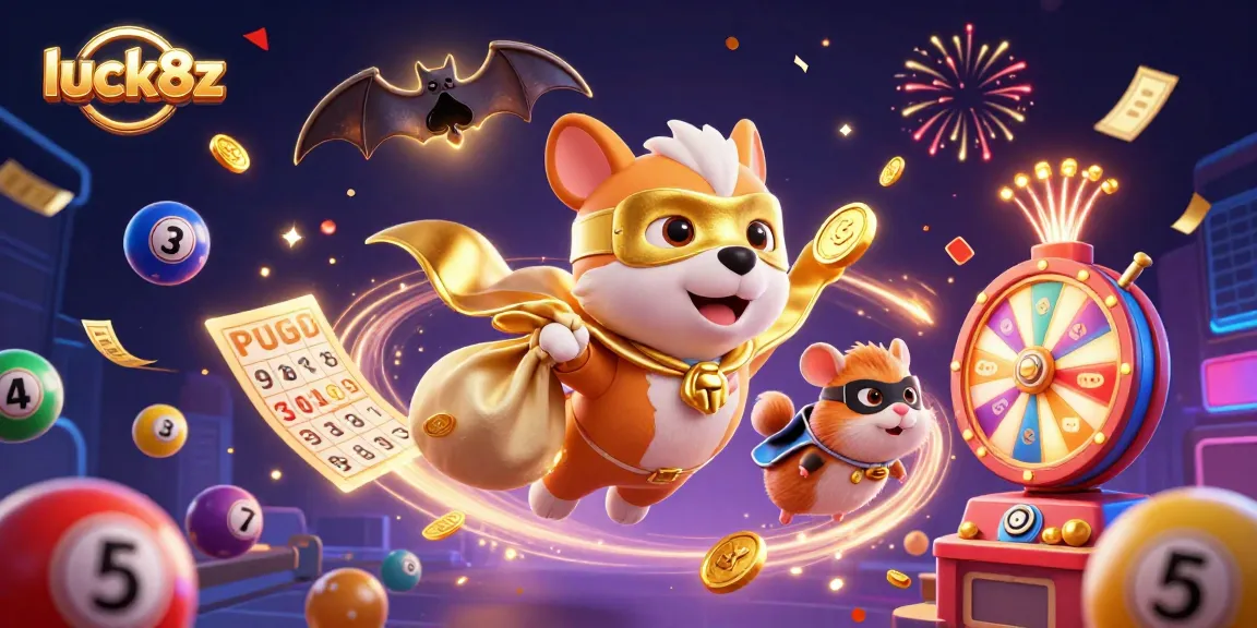 luck8z takes center stage as a superhero dog flies with coins amid dynamic lottery elements, celebrating winning strategies.