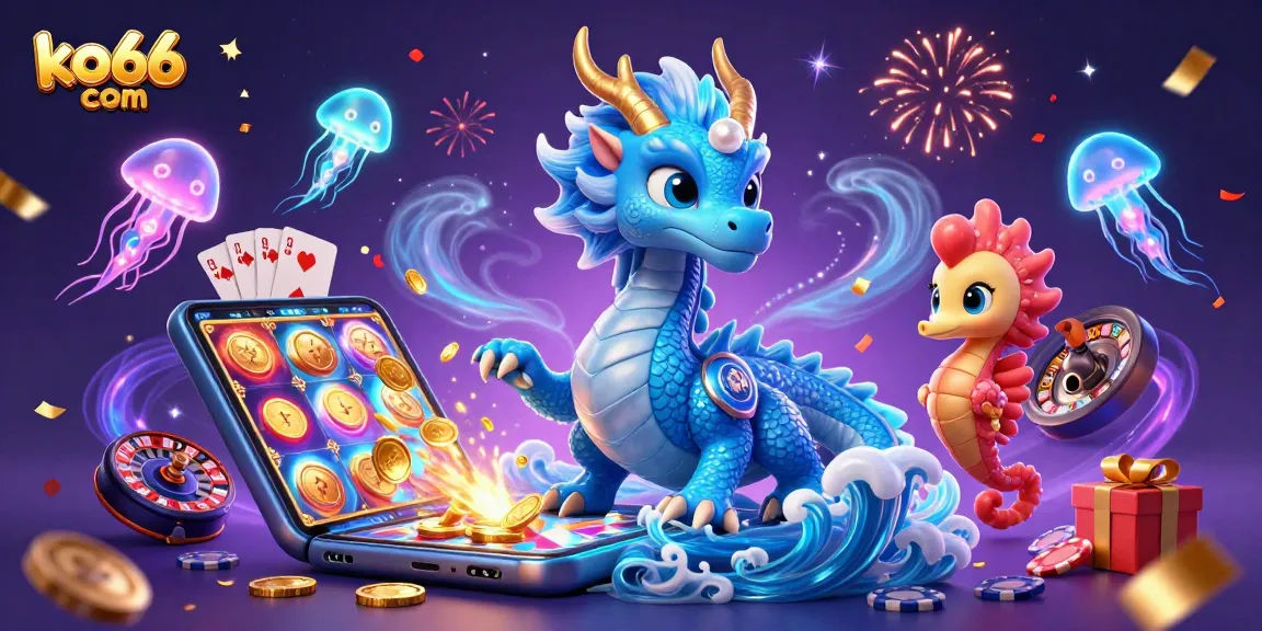 Engage with thrilling slots at ko66 com, illustrated by a vibrant underwater scene featuring a majestic dragon and a seahorse knight.