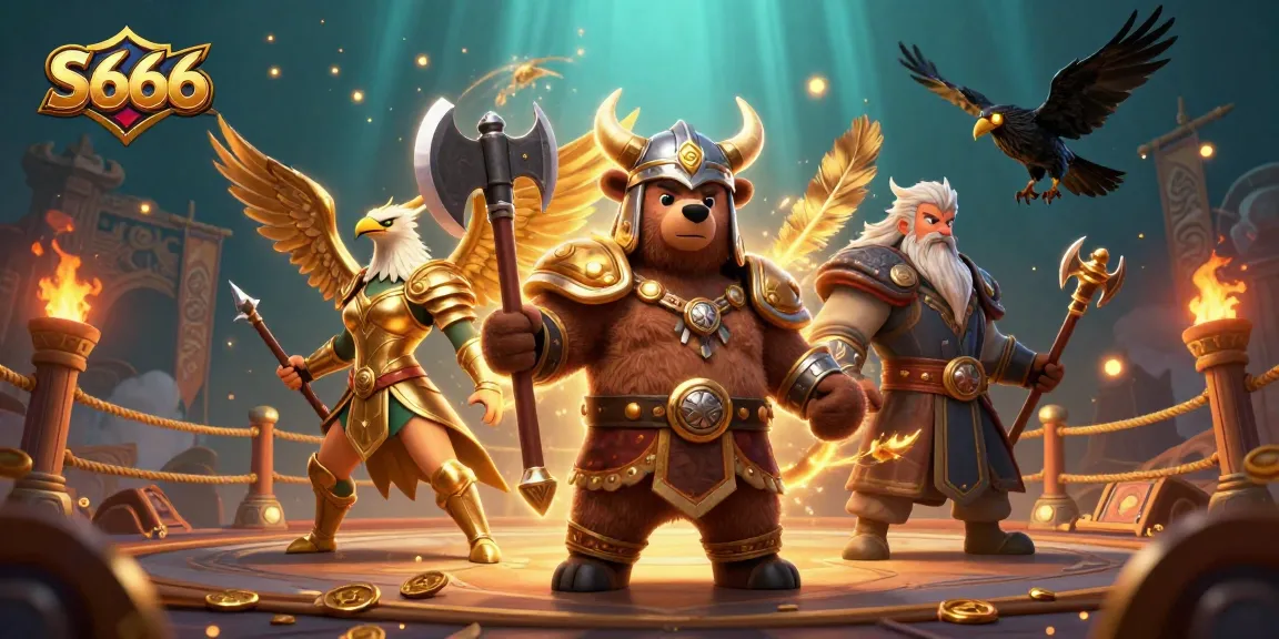 S666 gaming action scene with a Viking bear and Valkyrie eagle amidst gold coins and dynamic elements.