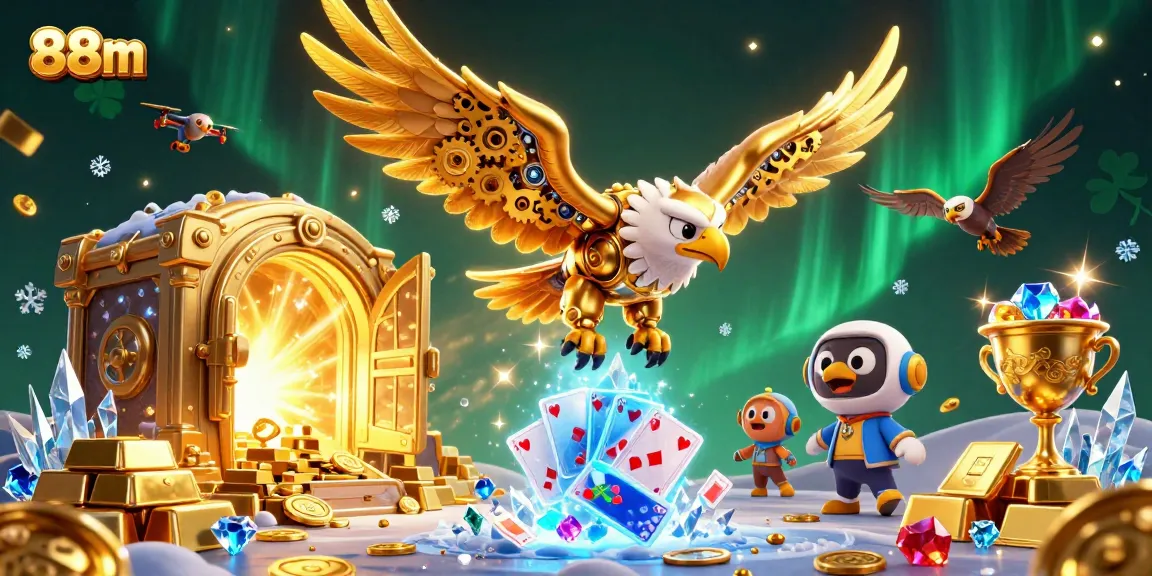 Immerse in the vibrant world of 88m as the golden eagle dives through holographic cards.